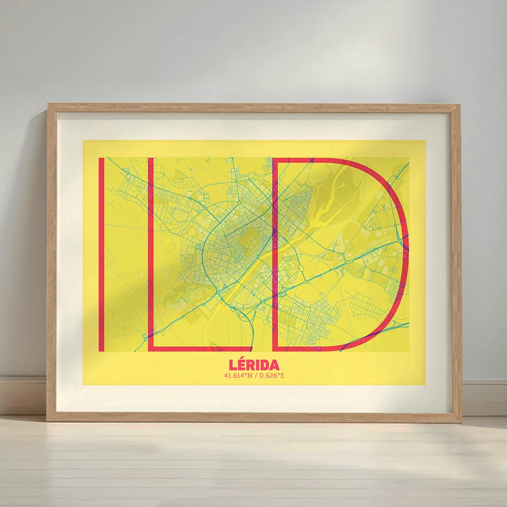 Framed Lerida in Ultralight design, a minimalist aesthetic combining urban cartography with modern, extra-thin elegant lettering designed in yellow and fuchsia with a white margin border in a warm lit minimalist setting