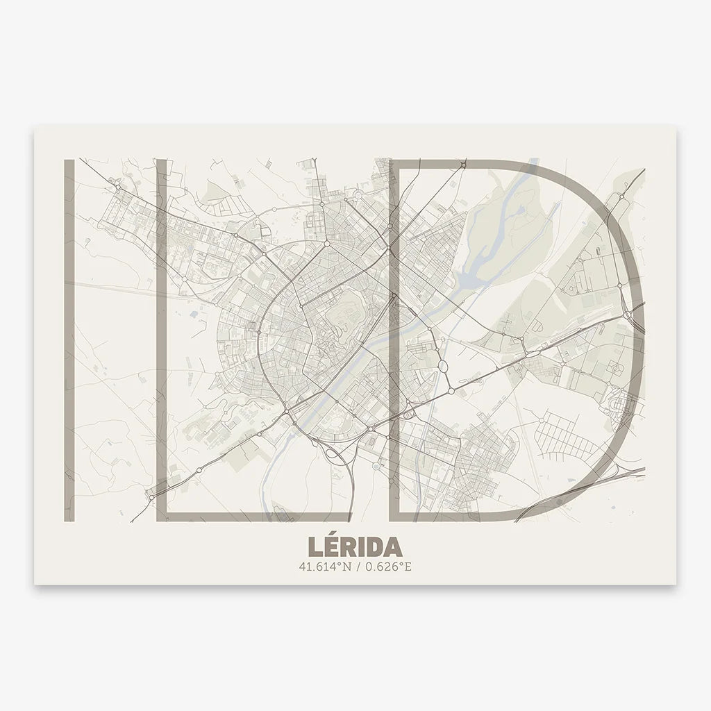 Poster of Lerida composed with letters in extra light font printed on light brown and an off-white background
