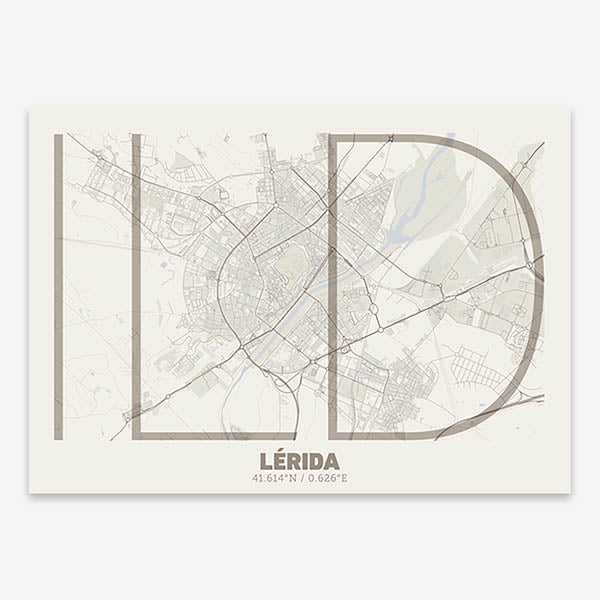 Poster of Lerida composed with letters in extra light font printed on light brown and an off-white background