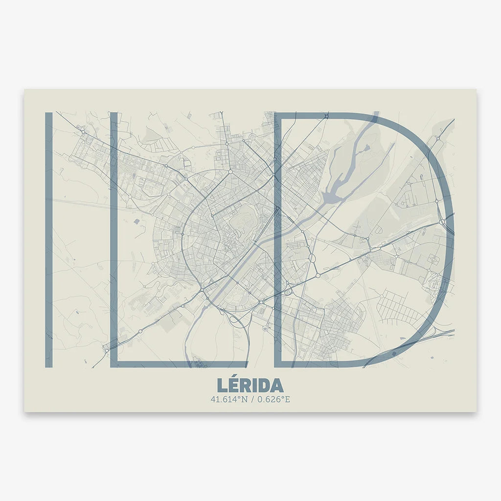 Poster of Lerida composed with letters in extra light font printed on bluish gray and an off-white background