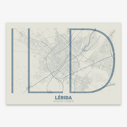 Poster of Lerida composed with letters in extra light font printed on bluish gray and an off-white background