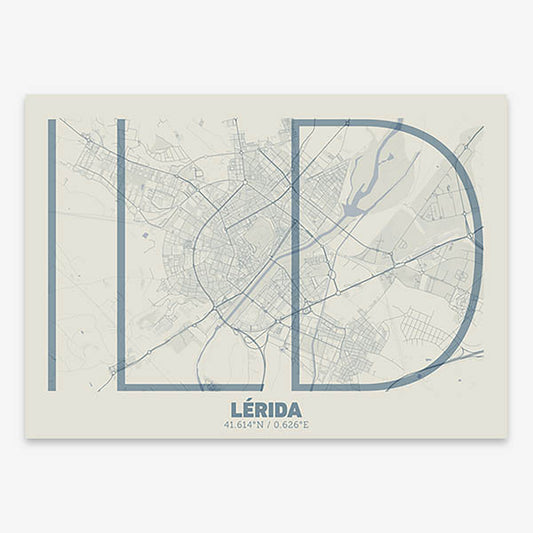 Poster of Lerida composed with letters in extra light font printed on bluish gray and an off-white background