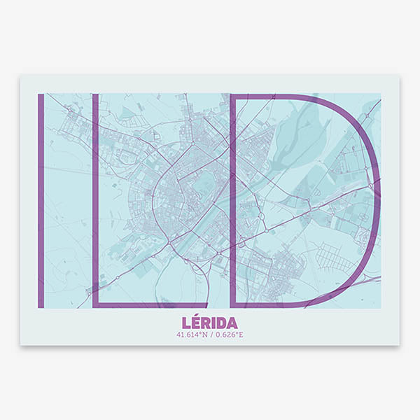 Poster of Lerida composed with letters in extra light font printed on purple and light blue