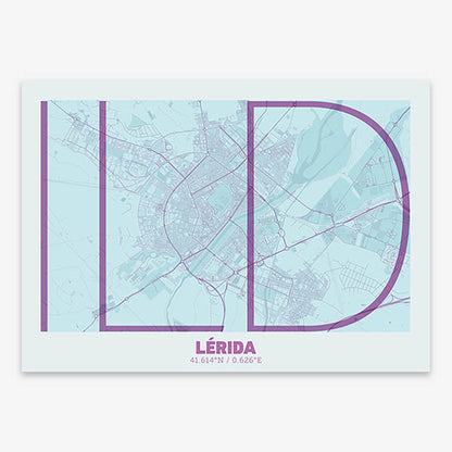 Poster of Lerida composed with letters in extra light font printed on purple and light blue