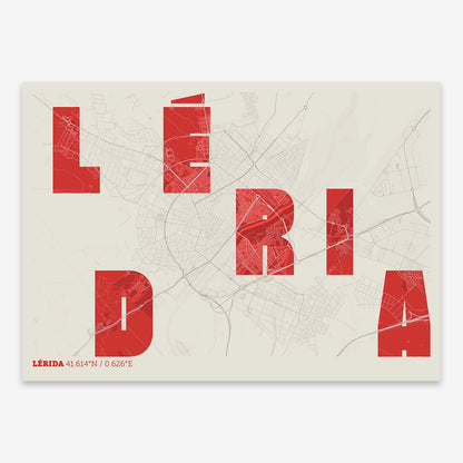 The map of Lerida with letters of its name placed randomly, designed in red and an off-white background