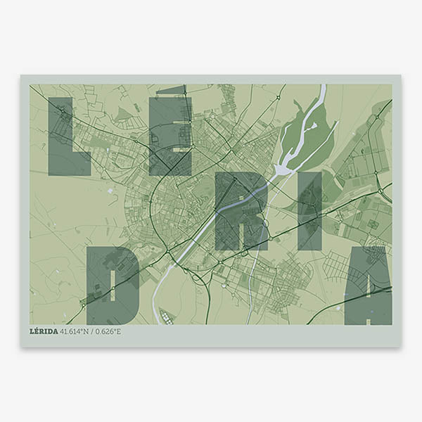 Decorative print of Lerida with letters of its name placed randomly, designed in two green tones