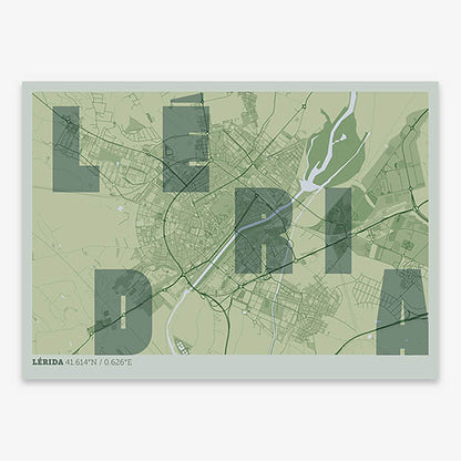 Decorative print of Lerida with letters of its name placed randomly, designed in two green tones