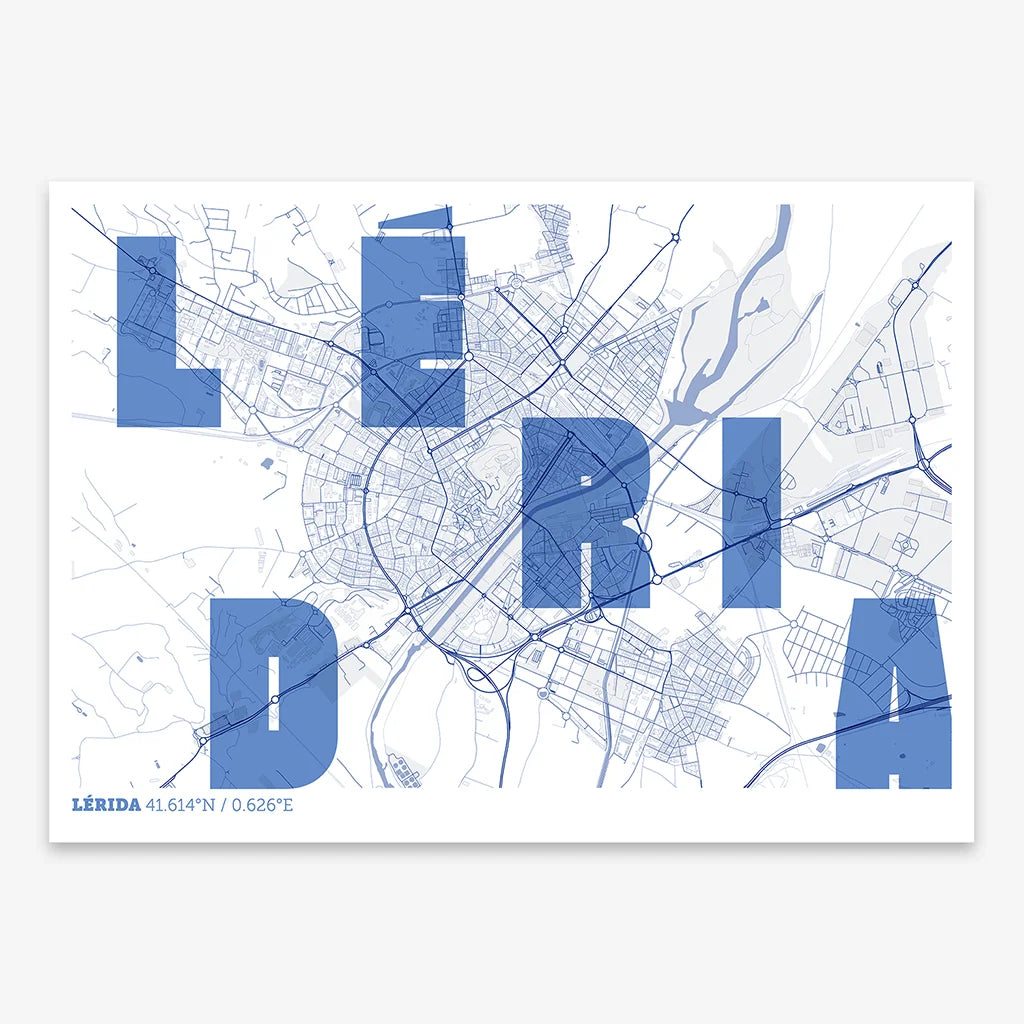 Decorative print of Lerida with letters of its name placed randomly, designed in navy blue and white