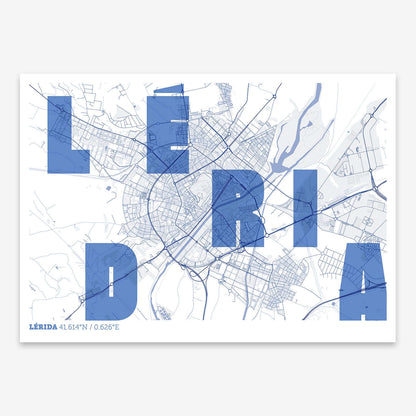 The map of Lerida with letters of its name placed randomly, designed in navy blue and white