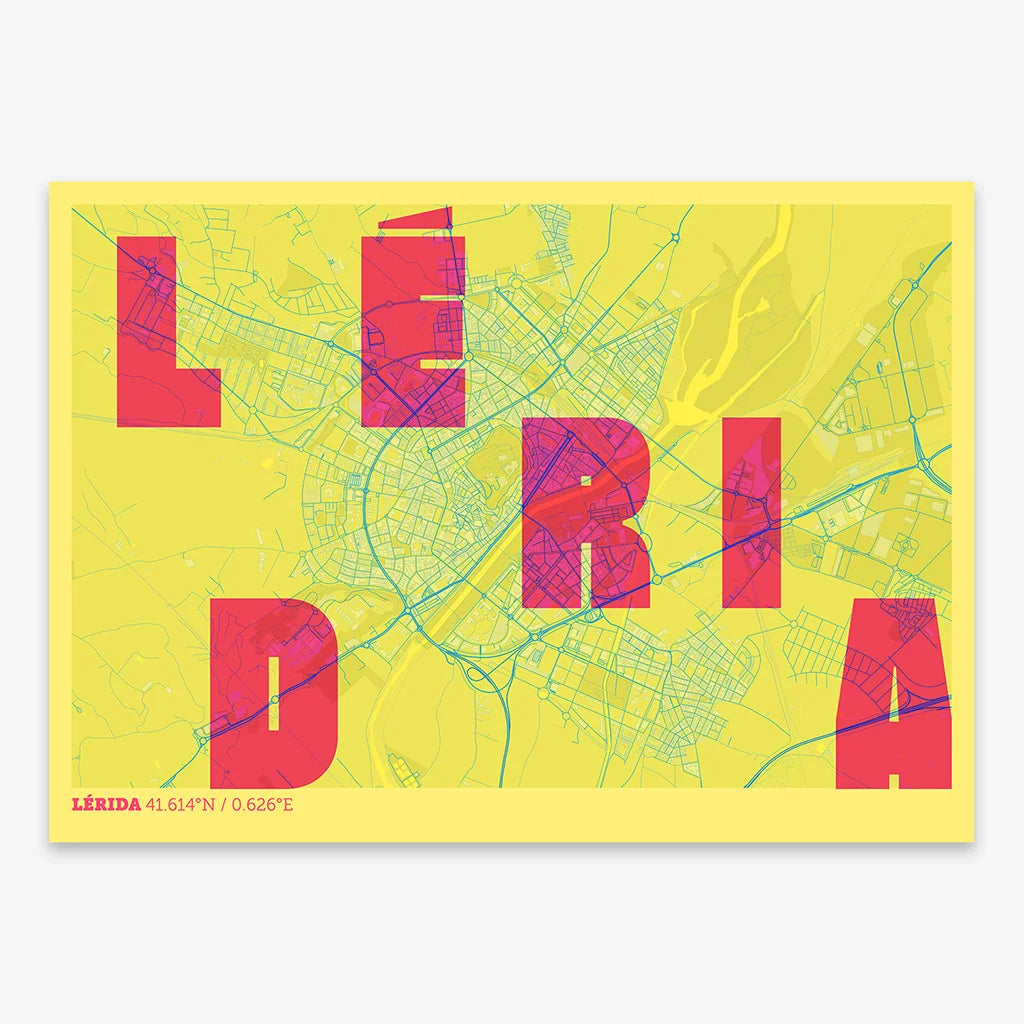 Decorative print of Lerida with letters of its name placed randomly, designed in yellow and fuchsia
