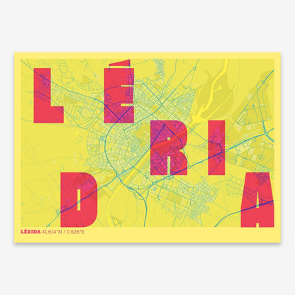 The map of Lerida with letters of its name placed randomly, designed in yellow and fuchsia
