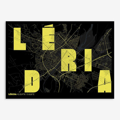 The map of Lerida with letters of its name placed randomly, designed in black and yellow