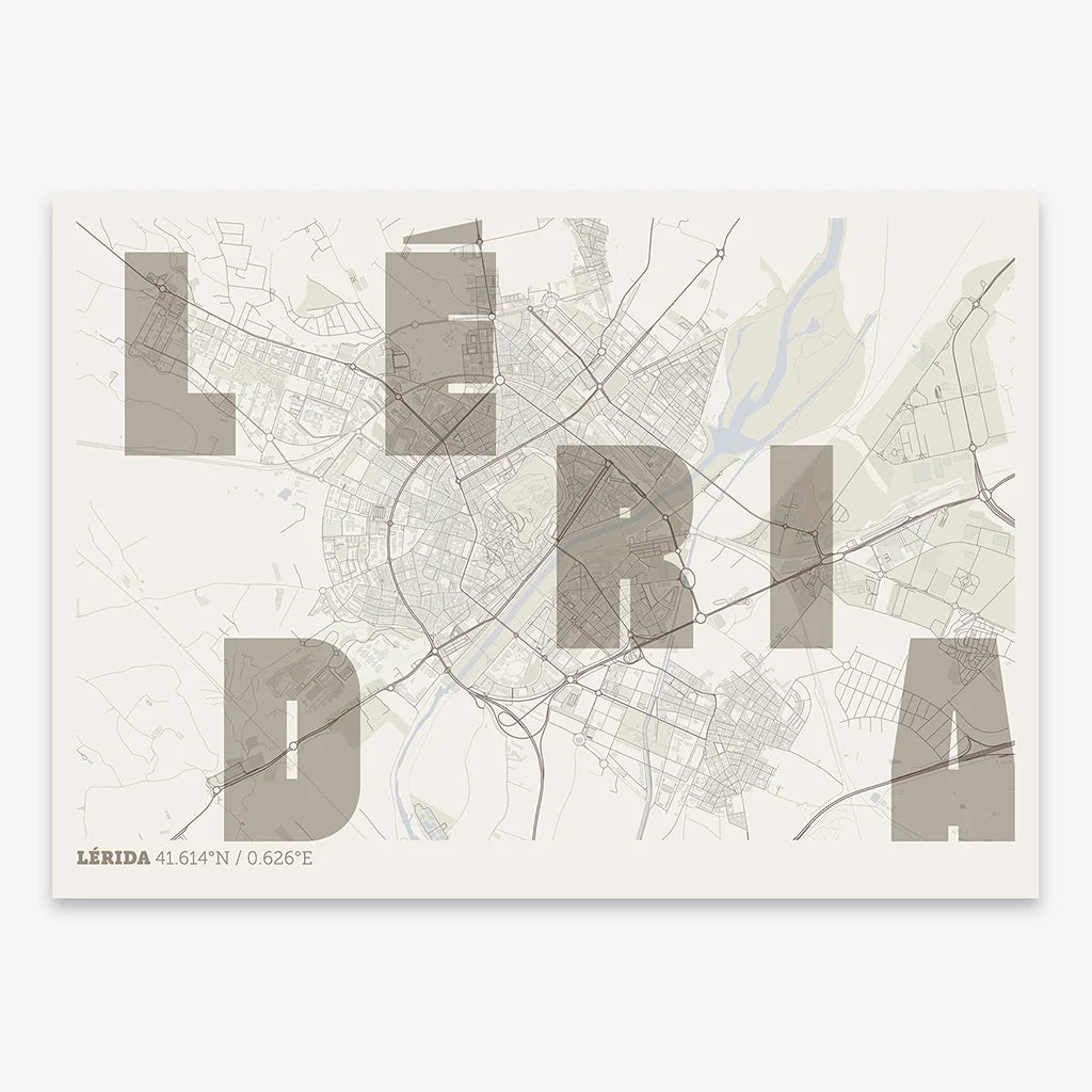 Decorative print of Lerida with letters of its name placed randomly, designed in light brown and an off-white background