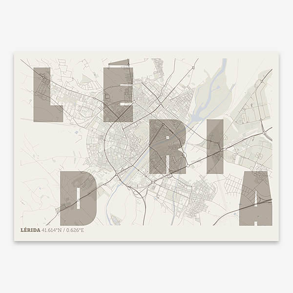 Decorative print of Lerida with letters of its name placed randomly, designed in light brown and an off-white background