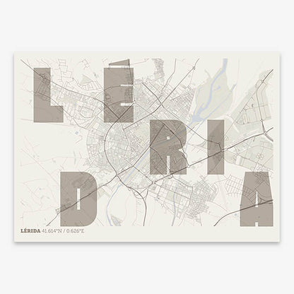 Decorative print of Lerida with letters of its name placed randomly, designed in light brown and an off-white background