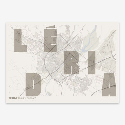 The map of Lerida with letters of its name placed randomly, designed in light brown and an off-white background
