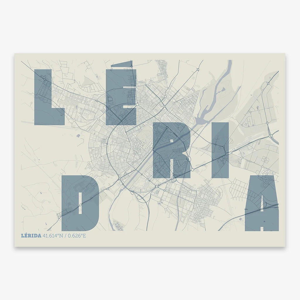 Decorative print of Lerida with letters of its name placed randomly, designed in bluish gray and an off-white background