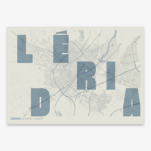 Decorative print of Lerida with letters of its name placed randomly, designed in bluish gray and an off-white background