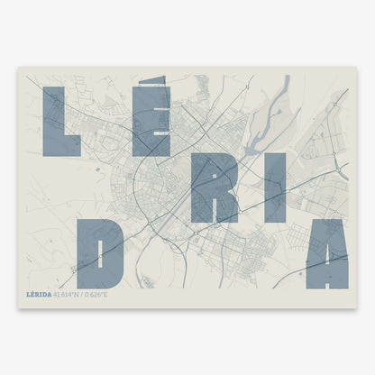 The map of Lerida with letters of its name placed randomly, designed in bluish gray and an off-white background