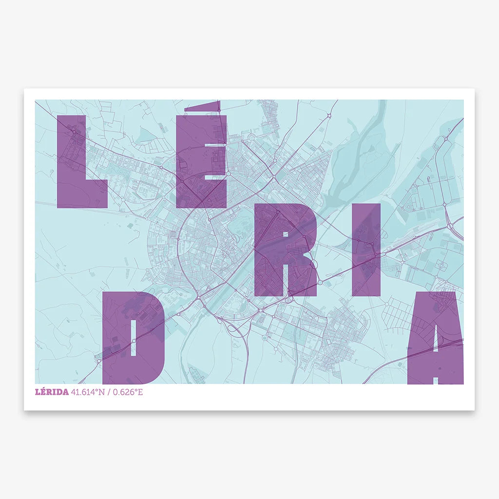 Decorative print of Lerida with letters of its name placed randomly, designed in purple and light blue
