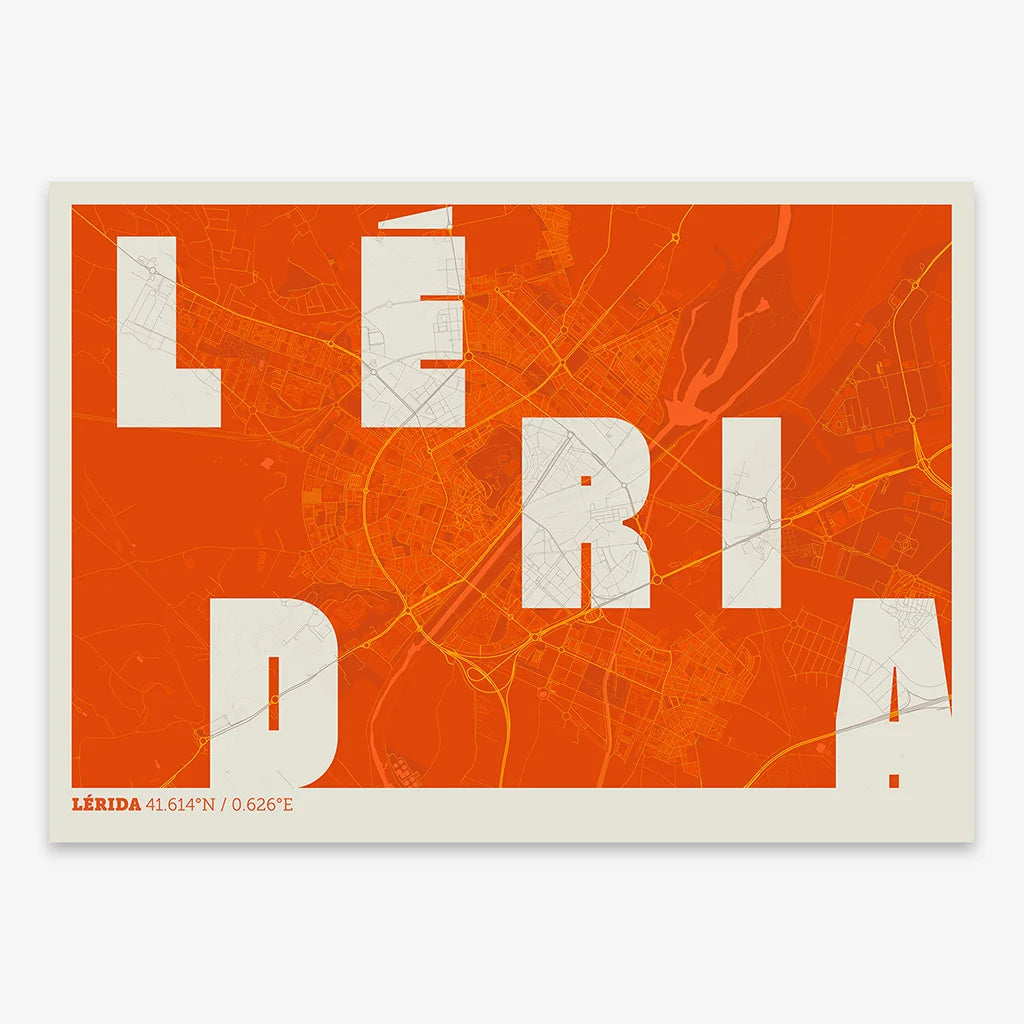 Decorative print of Lerida with letters of its name placed randomly, designed in orange and an off-white background