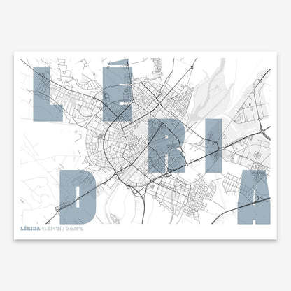 The map of Lerida with letters of its name placed randomly, designed in black and white