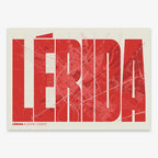 Decorative map of Lerida and letters of its name in a giclée print designed in red and an off-white background