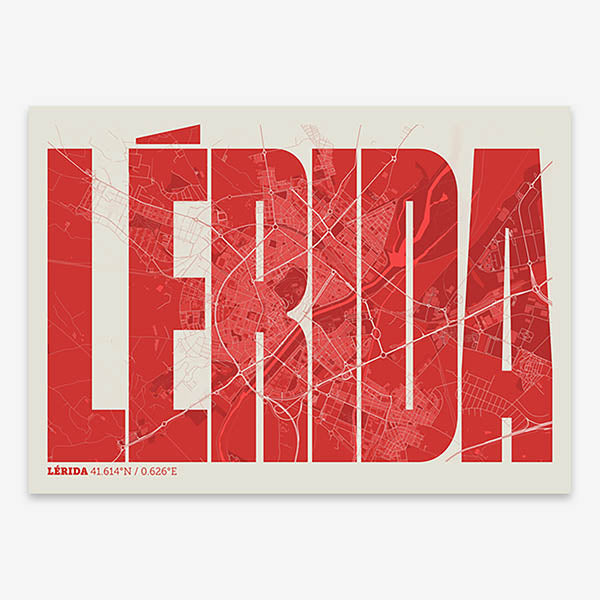 Decorative map of Lerida and letters of its name in a giclée print designed in red and an off-white background