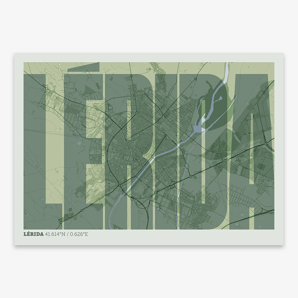 Decorative map of Lerida and letters of its name in a giclée print designed in two green tones