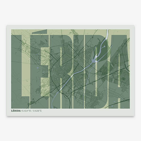Decorative map of Lerida and letters of its name in a giclée print designed in two green tones