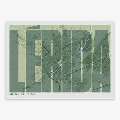 Decorative map of Lerida and letters of its name in a giclée print designed in two green tones