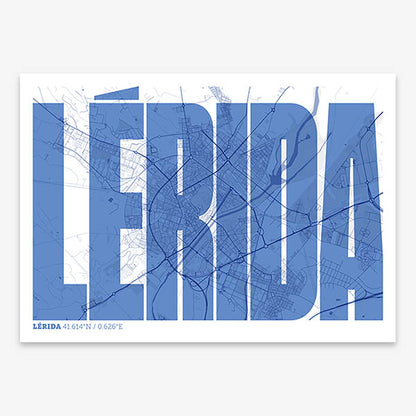 Decorative map of Lerida and letters of its name in a giclée print designed in navy blue and white