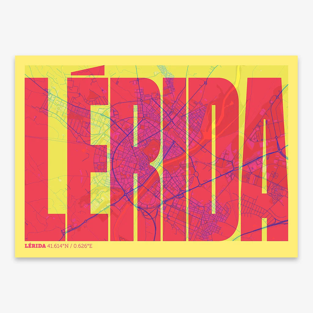 Decorative map of Lerida and letters of its name in a giclée print designed in yellow and fuchsia