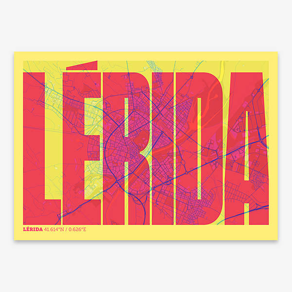 Decorative map of Lerida and letters of its name in a giclée print designed in yellow and fuchsia