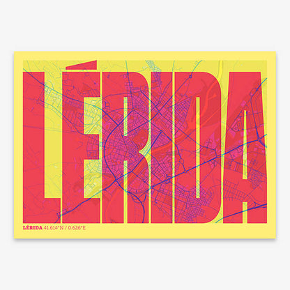Decorative map of Lerida and letters of its name in a giclée print designed in yellow and fuchsia