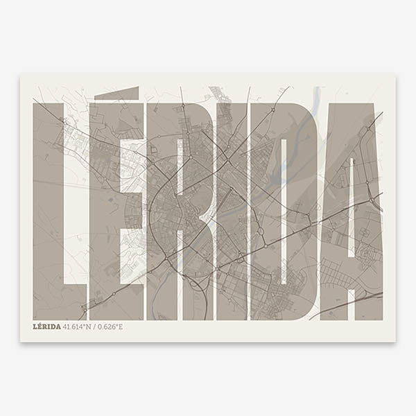Decorative map of Lerida and letters of its name in a giclée print designed in light brown and an off-white background