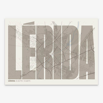 Decorative map of Lerida and letters of its name in a giclée print designed in light brown and an off-white background