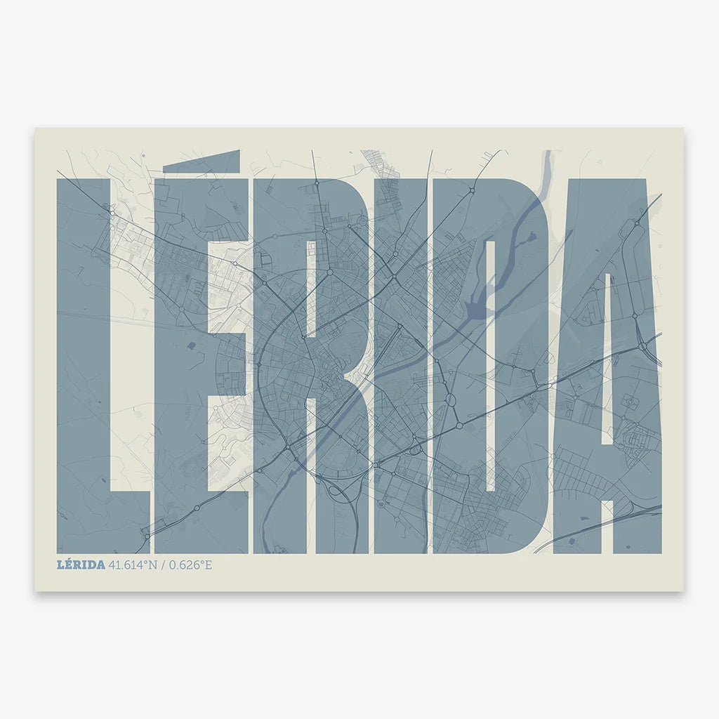 Decorative map of Lerida and letters of its name in a giclée print designed in bluish gray and an off-white background