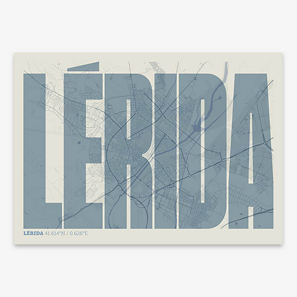Decorative map of Lerida and letters of its name in a giclée print designed in bluish gray and an off-white background