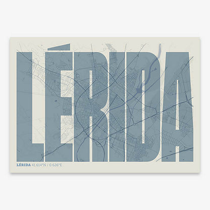 Decorative map of Lerida and letters of its name in a giclée print designed in bluish gray and an off-white background