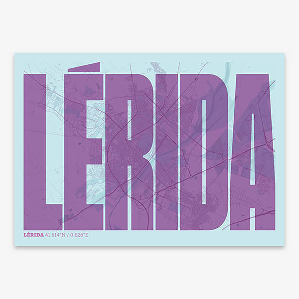Decorative map of Lerida and letters of its name in a giclée print designed in purple and light blue