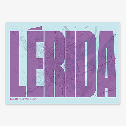 Decorative map of Lerida and letters of its name in a giclée print designed in purple and light blue
