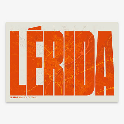 Decorative map of Lerida and letters of its name in a giclée print designed in orange and an off-white background