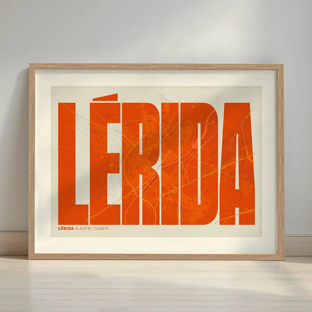 Framed Lerida in Extra Compressed design, where the letters are tightly squeezed to fit the city's map shape designed in orange and an off-white background with a white margin border in a warm lit minimalist setting