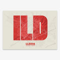 Decorative print of Lleida composed with letters in a heavy geometric font printed on red and an off-white background
