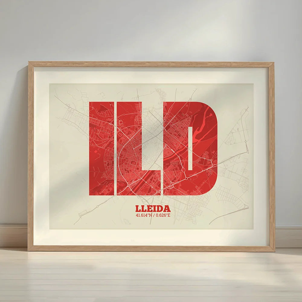 Framed Lleida in Super Bold design, a typographic poster where the city map is overlaid with extra-thick lettering for a modern, high-impact look designed in red and an off-white background with a white margin border in a warm lit minimalist setting