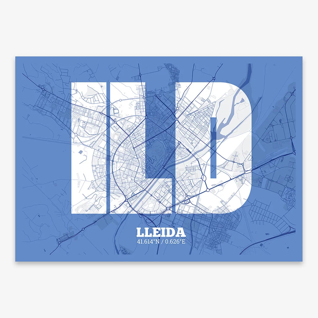 Decorative print of Lleida composed with letters in a heavy geometric font printed on navy blue and white