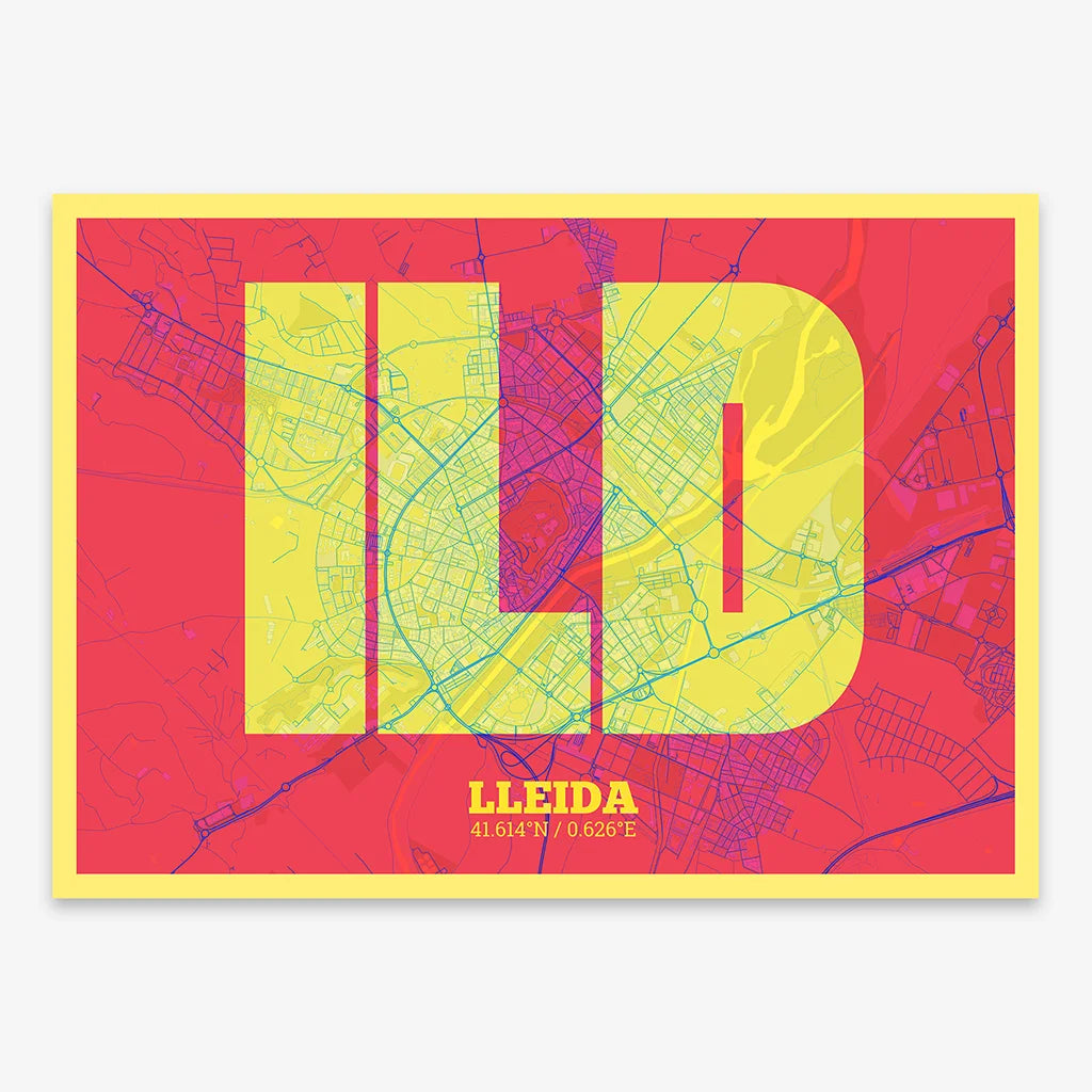 Decorative print of Lleida composed with letters in a heavy geometric font printed on yellow and fuchsia