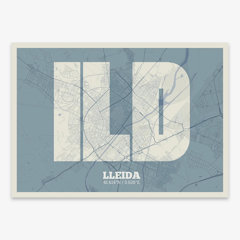Decorative print of Lleida composed with letters in a heavy geometric font printed on bluish gray and an off-white background