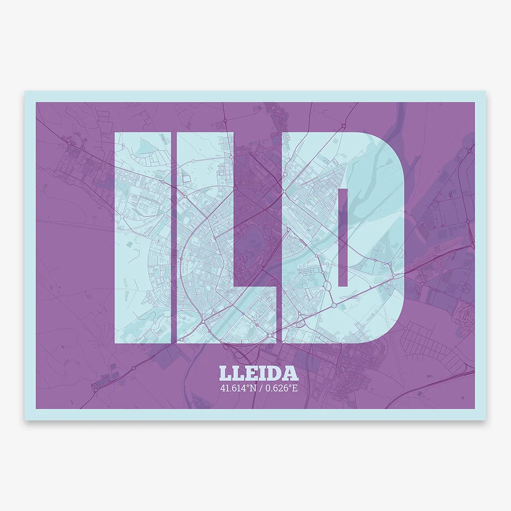 Decorative print of Lleida composed with letters in a heavy geometric font printed on purple and light blue